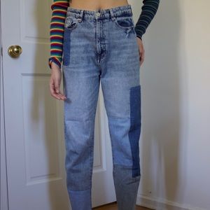 Patchwork High Waisted Blue Denim Loose Fit Jeans
